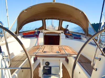 Cockpit of La Vagabonda, a Bavaria Cruiser 50 sailboat at La Spezia, Italy