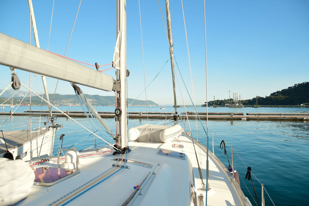 Deck of La Vagabonda, a Bavaria Cruiser 50 sailboat at La Spezia, Italy