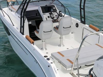 Deck of Beneteau 8, a Beneteau Flyer 8 SUNdeck motorboat at Punat, Croatia