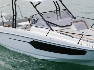 Exterior view of Beneteau 8, a Beneteau Flyer 8 SUNdeck motorboat at Punat, Croatia
