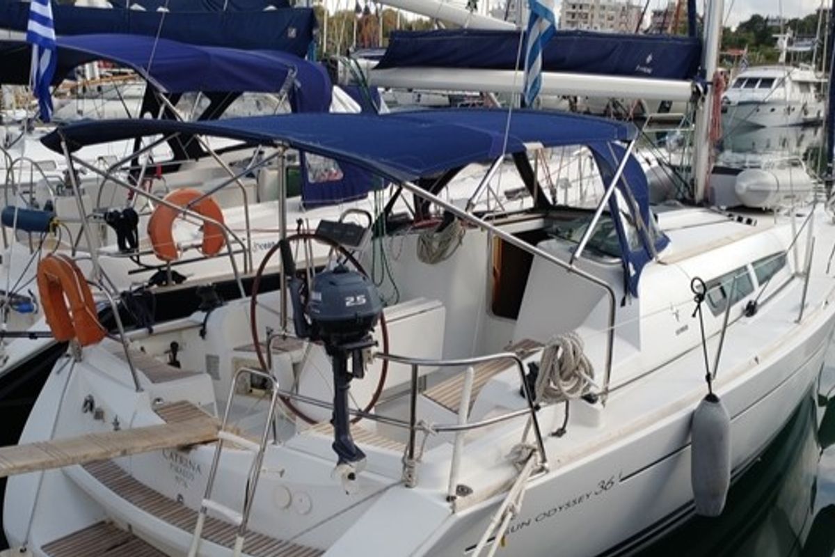 Exterior view of Catrina, a Jeanneau Sun Odyssey 36i sailboat at Municipal Unit of Elefsina, Greece