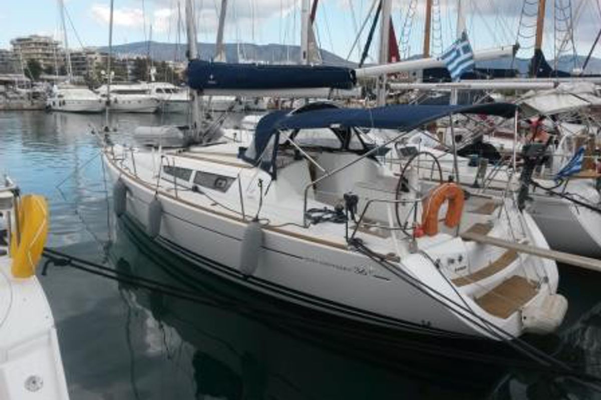 Exterior view of Catrina, a Jeanneau Sun Odyssey 36i sailboat at Municipal Unit of Elefsina, Greece