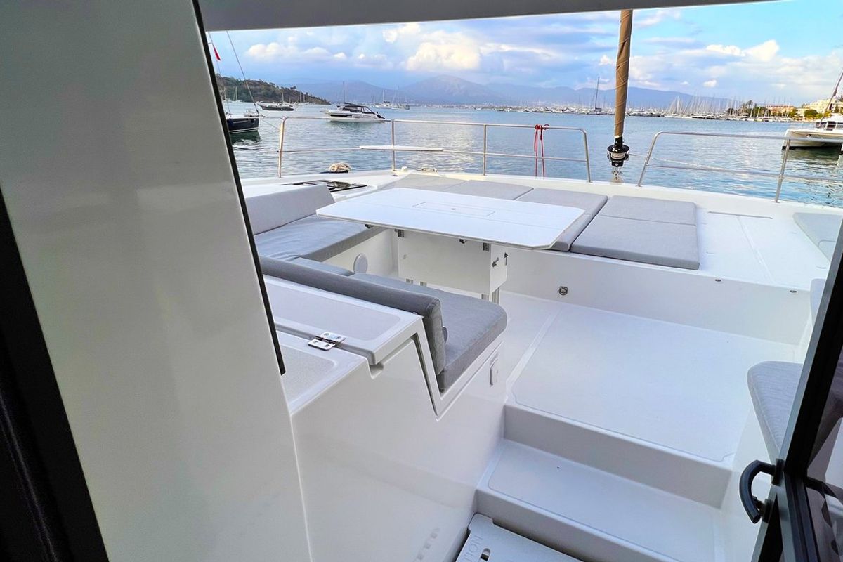 Deck of Honour, a Bali 4.8 OW catamaran at Fethiye, Turkey