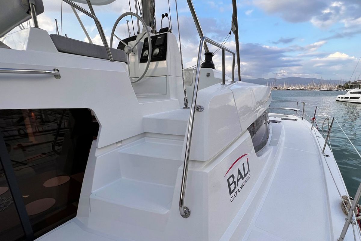 Exterior view of Honour, a Bali 4.8 OW catamaran at Fethiye, Turkey