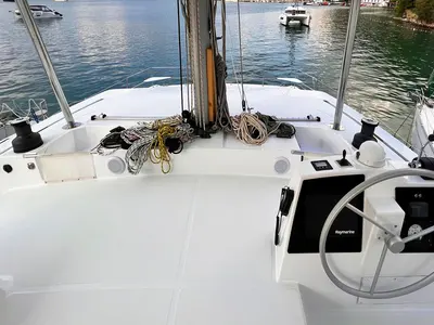 Cockpit of Honour, a Bali 4.8 OW catamaran at Fethiye, Turkey