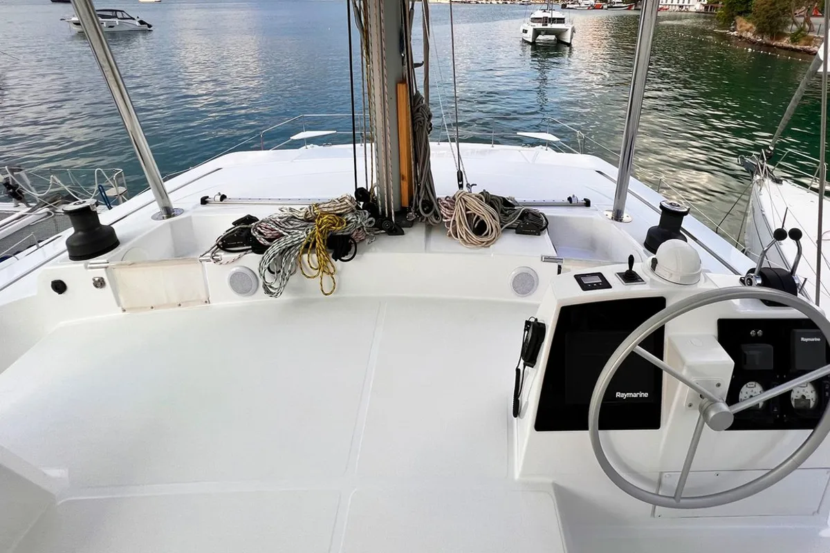 Cockpit of Honour, a Bali 4.8 OW catamaran at Fethiye, Turkey