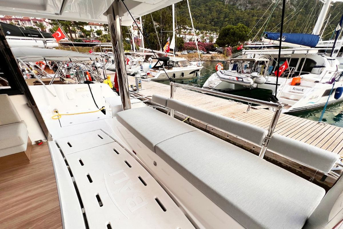 Deck of Honour, a Bali 4.8 OW catamaran at Fethiye, Turkey