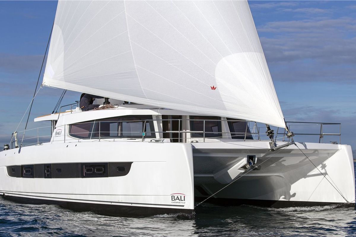 Exterior view of Honour, a Bali 4.8 OW catamaran at Fethiye, Turkey