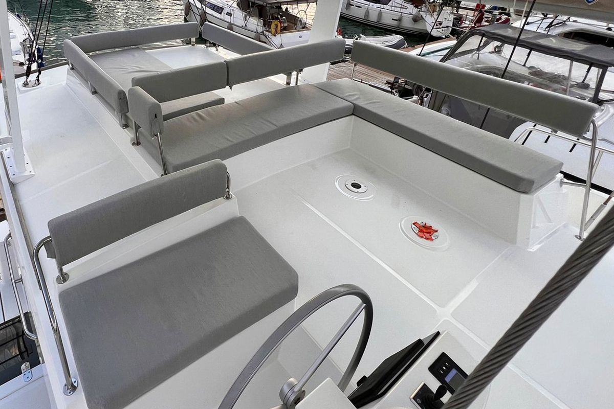 Cockpit of Honour, a Bali 4.8 OW catamaran at Fethiye, Turkey