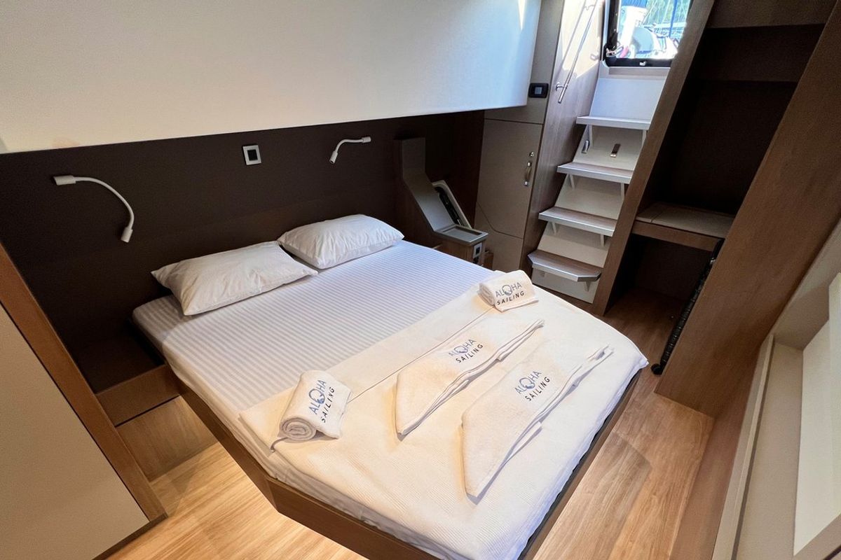 Cabin on Honour, a Bali 4.8 OW catamaran at Fethiye, Turkey