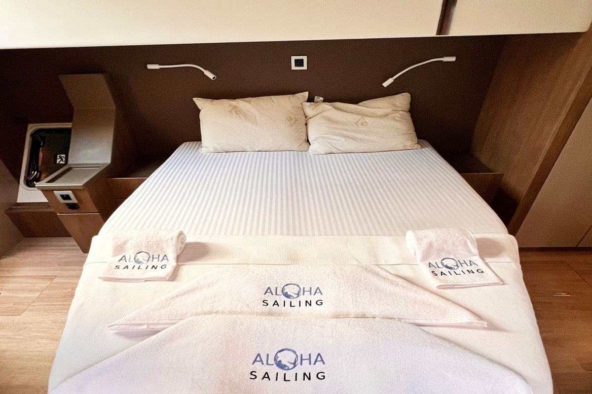Cabin on Honour, a Bali 4.8 OW catamaran at Fethiye, Turkey