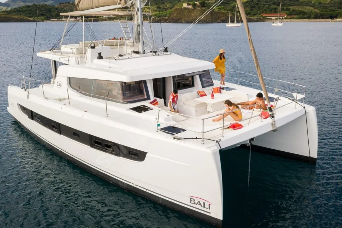 Exterior view of Honour, a Bali 4.8 OW catamaran at Fethiye, Turkey