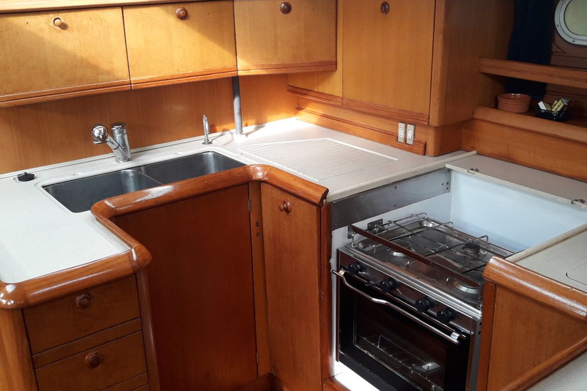 Galley of Hesiodos, a Jeanneau Sun Odyssey 52.2 sailboat at Athens, Greece