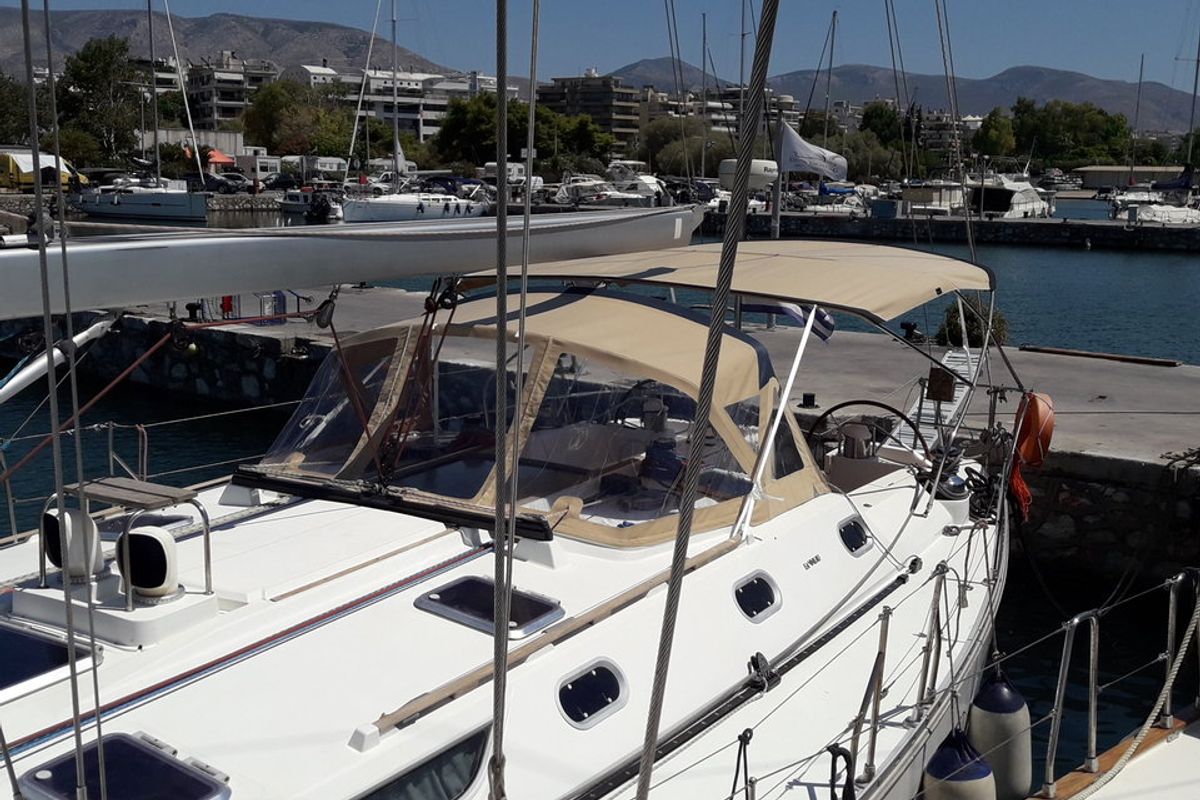 Deck of Hesiodos, a Jeanneau Sun Odyssey 52.2 sailboat at Athens, Greece