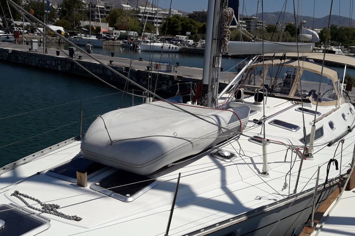 Deck of Hesiodos, a Jeanneau Sun Odyssey 52.2 sailboat at Athens, Greece