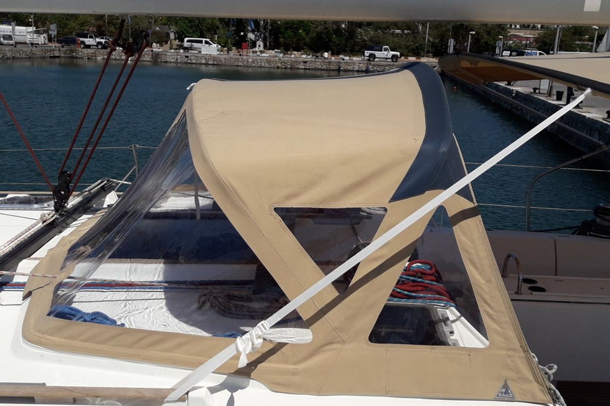Deck of Hesiodos, a Jeanneau Sun Odyssey 52.2 sailboat at Athens, Greece
