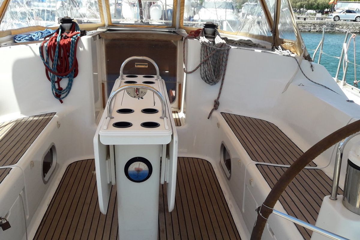 Cockpit of Hesiodos, a Jeanneau Sun Odyssey 52.2 sailboat at Athens, Greece