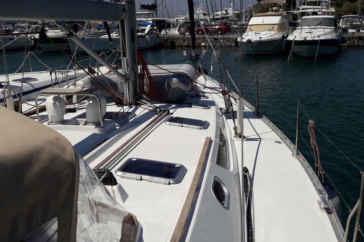 Deck of Hesiodos, a Jeanneau Sun Odyssey 52.2 sailboat at Athens, Greece