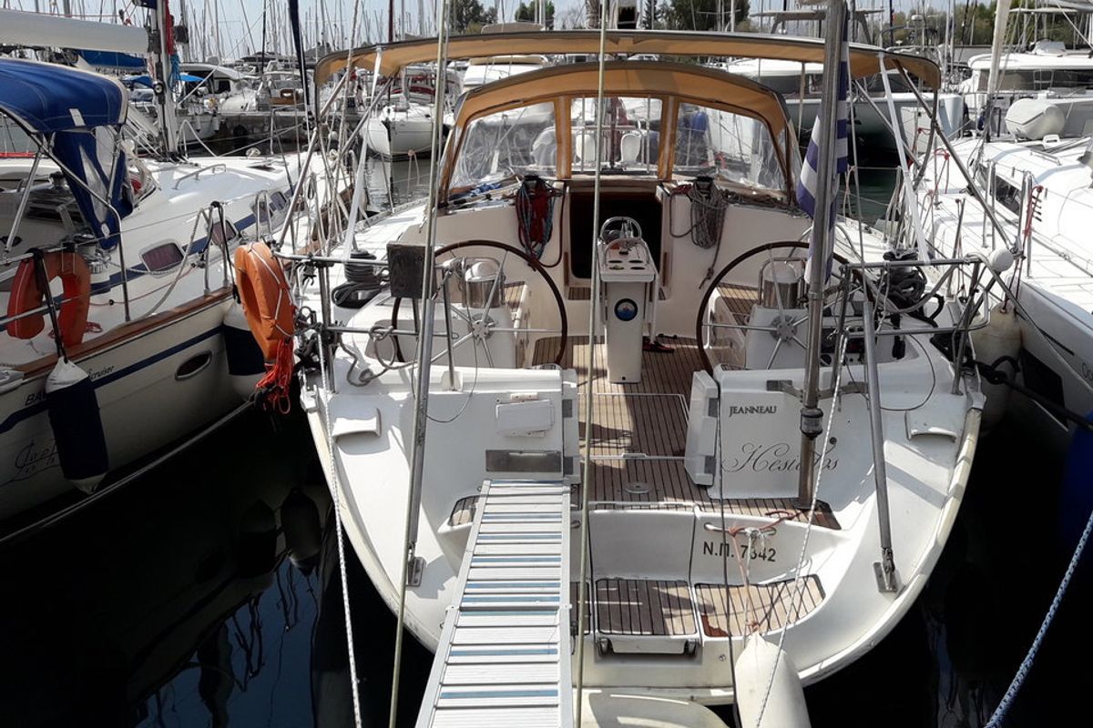 Cockpit of Hesiodos, a Jeanneau Sun Odyssey 52.2 sailboat at Athens, Greece