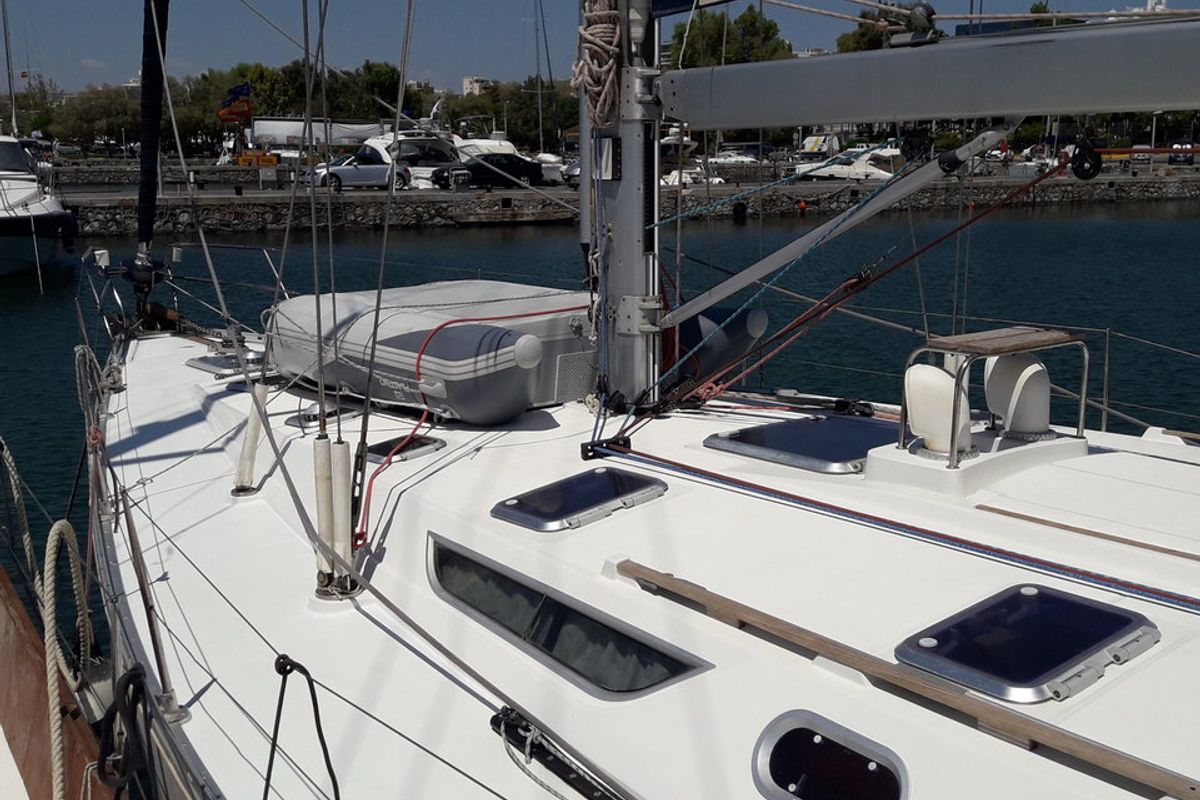 Deck of Hesiodos, a Jeanneau Sun Odyssey 52.2 sailboat at Athens, Greece