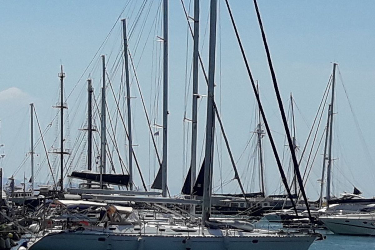 Exterior view of Hesiodos, a Jeanneau Sun Odyssey 52.2 sailboat at Athens, Greece