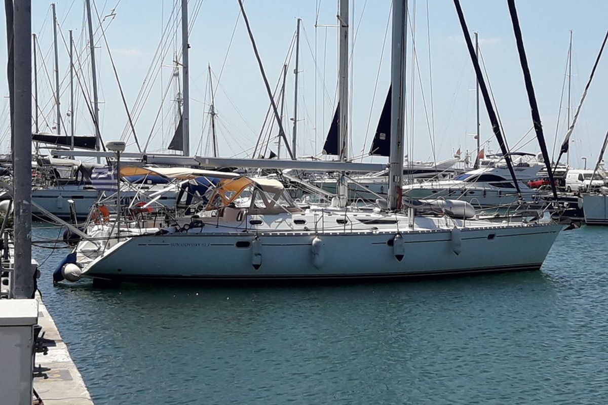 Exterior view of Hesiodos, a Jeanneau Sun Odyssey 52.2 sailboat at Athens, Greece
