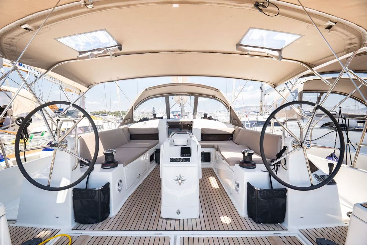 Cockpit of G.A.S. Newborn, a Jeanneau Sun Odyssey 440 sailboat at Municipal Unit of Lefkada, Greece