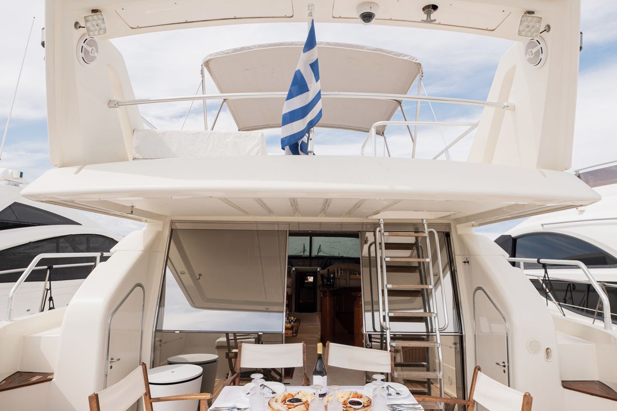 Deck of G.A.S. Newborn, a Ferretti 165 Fly motorboat at Δήμος Γλυφάδας, Greece