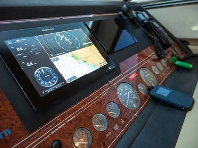 Cockpit of G.A.S. Newborn, a Ferretti 165 Fly motorboat at Δήμος Γλυφάδας, Greece