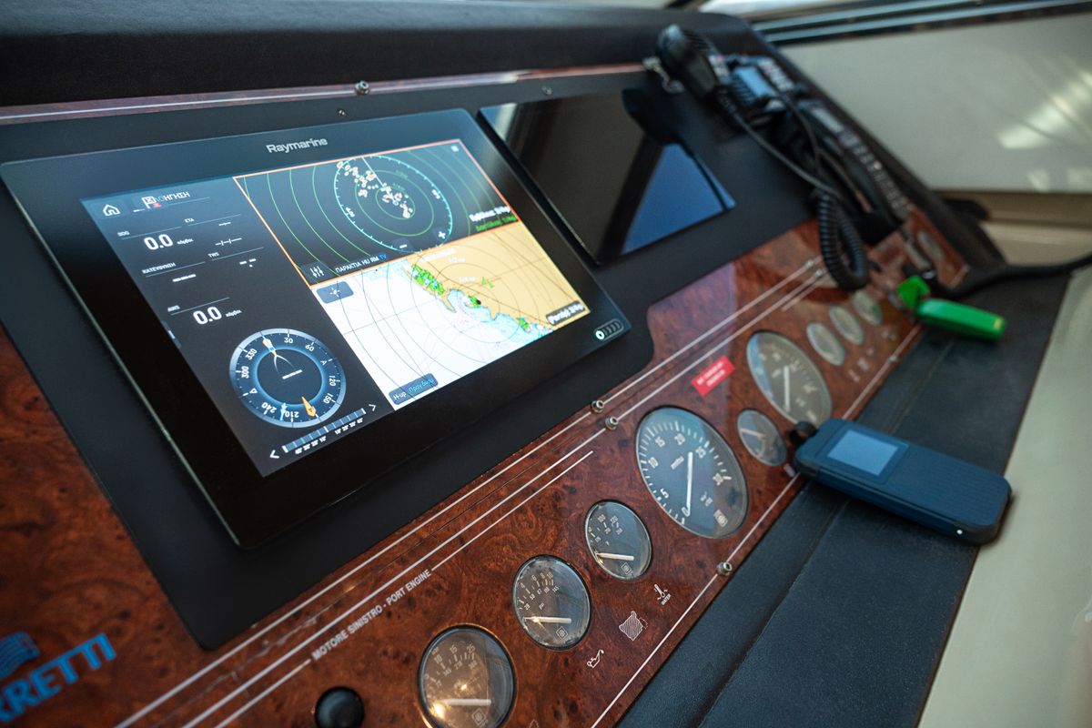 Cockpit of G.A.S. Newborn, a Ferretti 165 Fly motorboat at Δήμος Γλυφάδας, Greece
