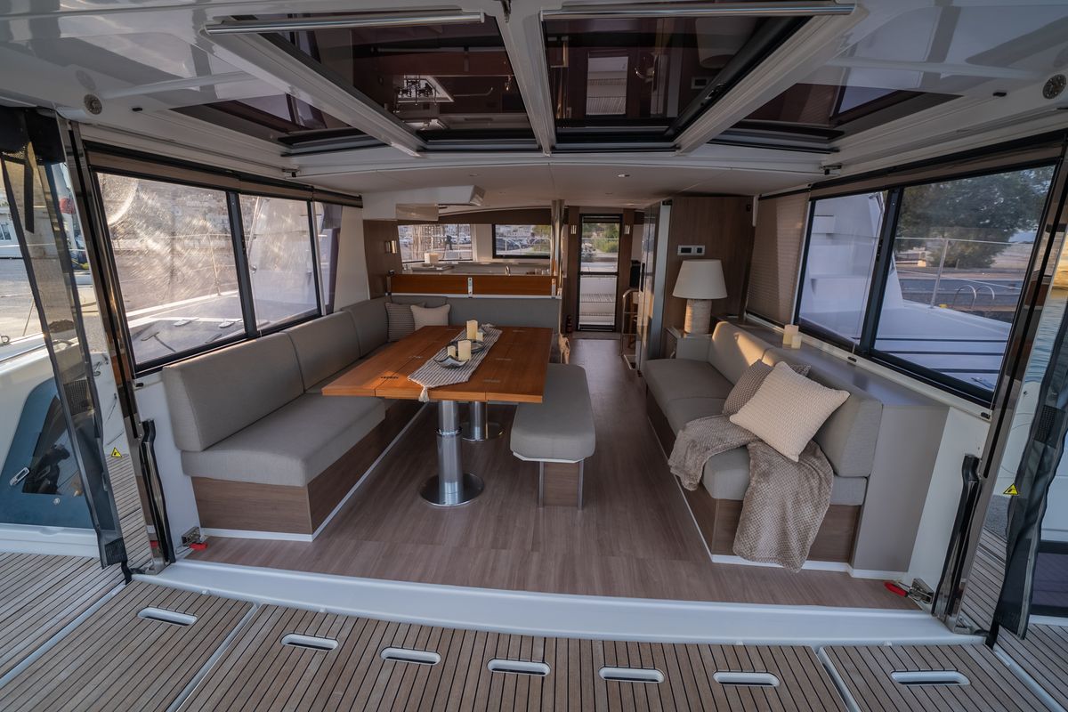 Deck of Second Wind Skippered, a Bali 4.6 catamaran at Parikia, Greece