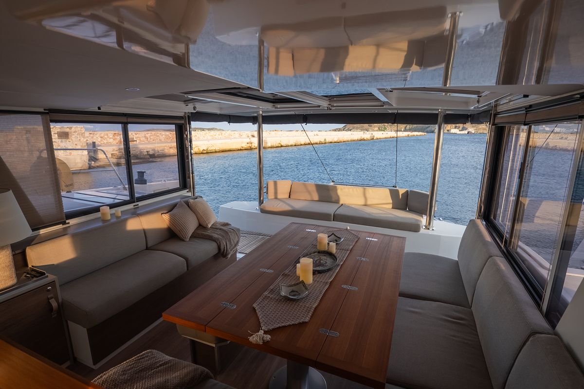 Deck of Second Wind Skippered, a Bali 4.6 catamaran at Parikia, Greece