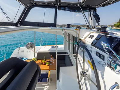 Cockpit of Demy, a Lagoon 40 catamaran at Municipal Unit of Kranidi, Greece