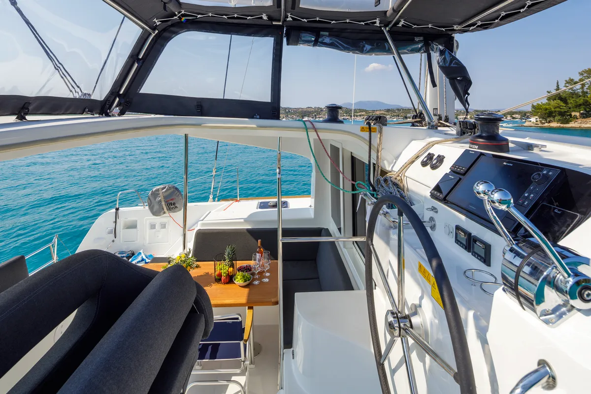 Cockpit of Demy, a Lagoon 40 catamaran at Municipal Unit of Kranidi, Greece