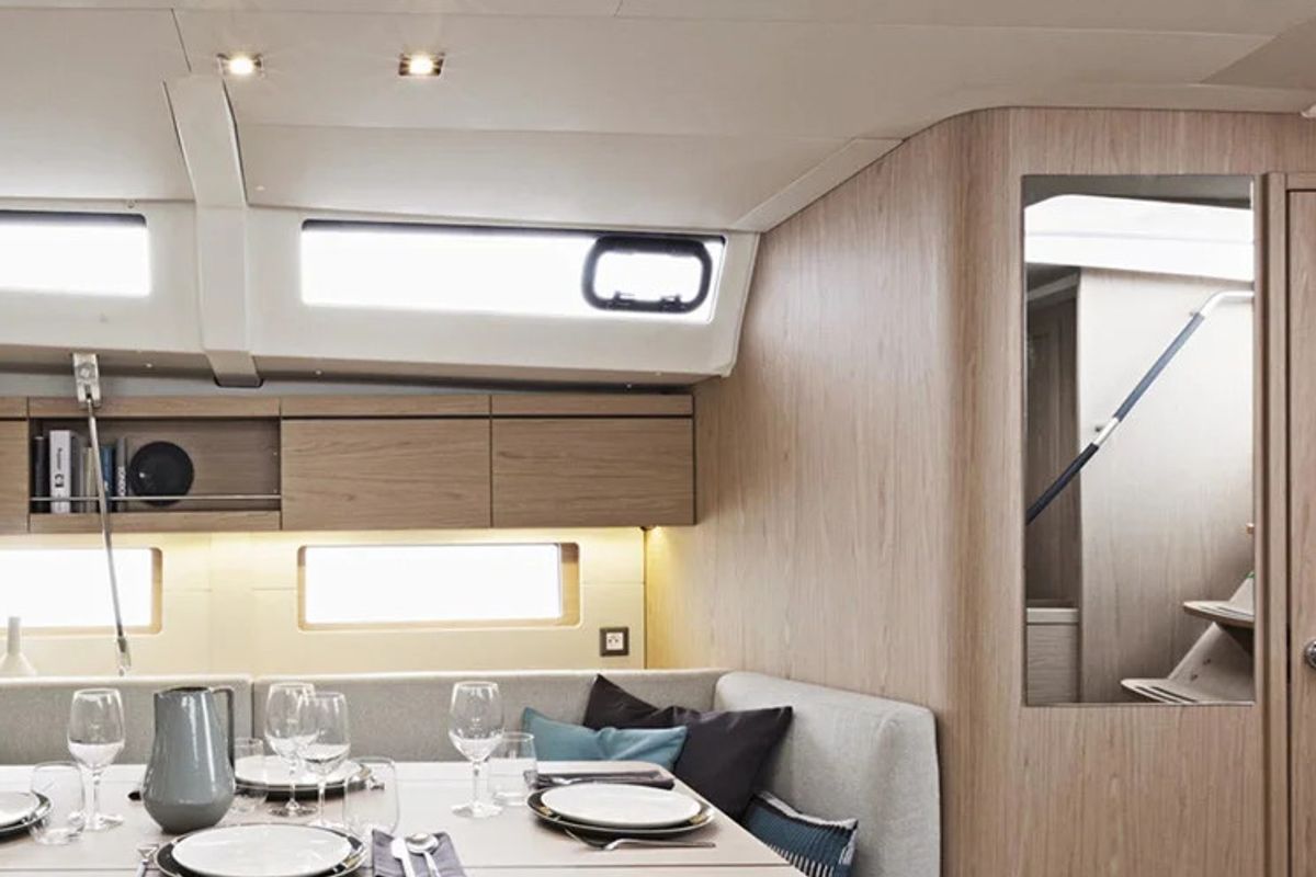 Salon of Moorings 46.3 Exclusive, a Beneteau Oceanis 46.1 sailboat at Marigot, France