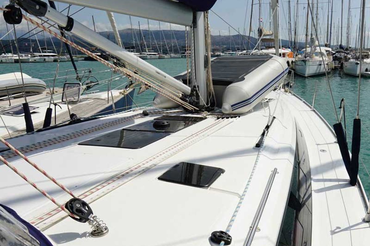 Deck of Sail La Vie, a Bavaria Cruiser 46 sailboat at Kavala, Greece