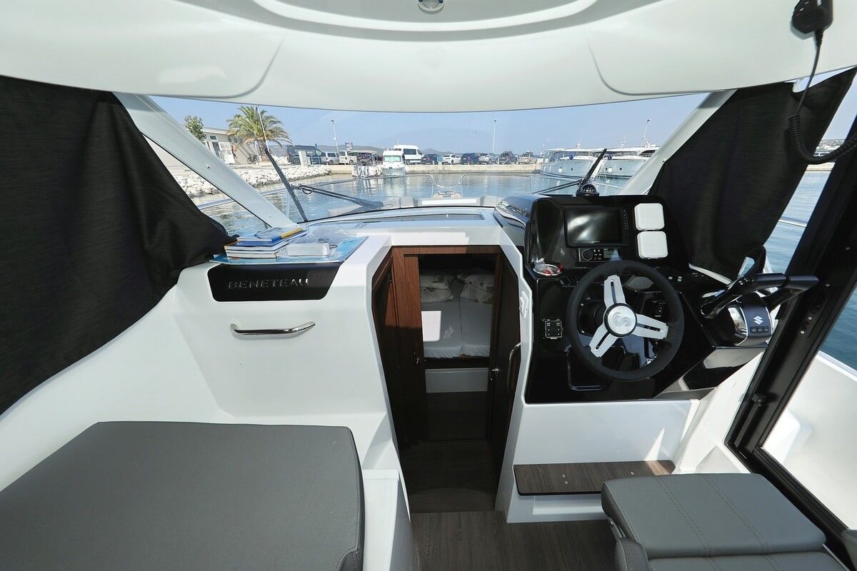 Cockpit of Freeya, a Beneteau Antares 9 OB motorboat at Grad Biograd na Moru, Croatia