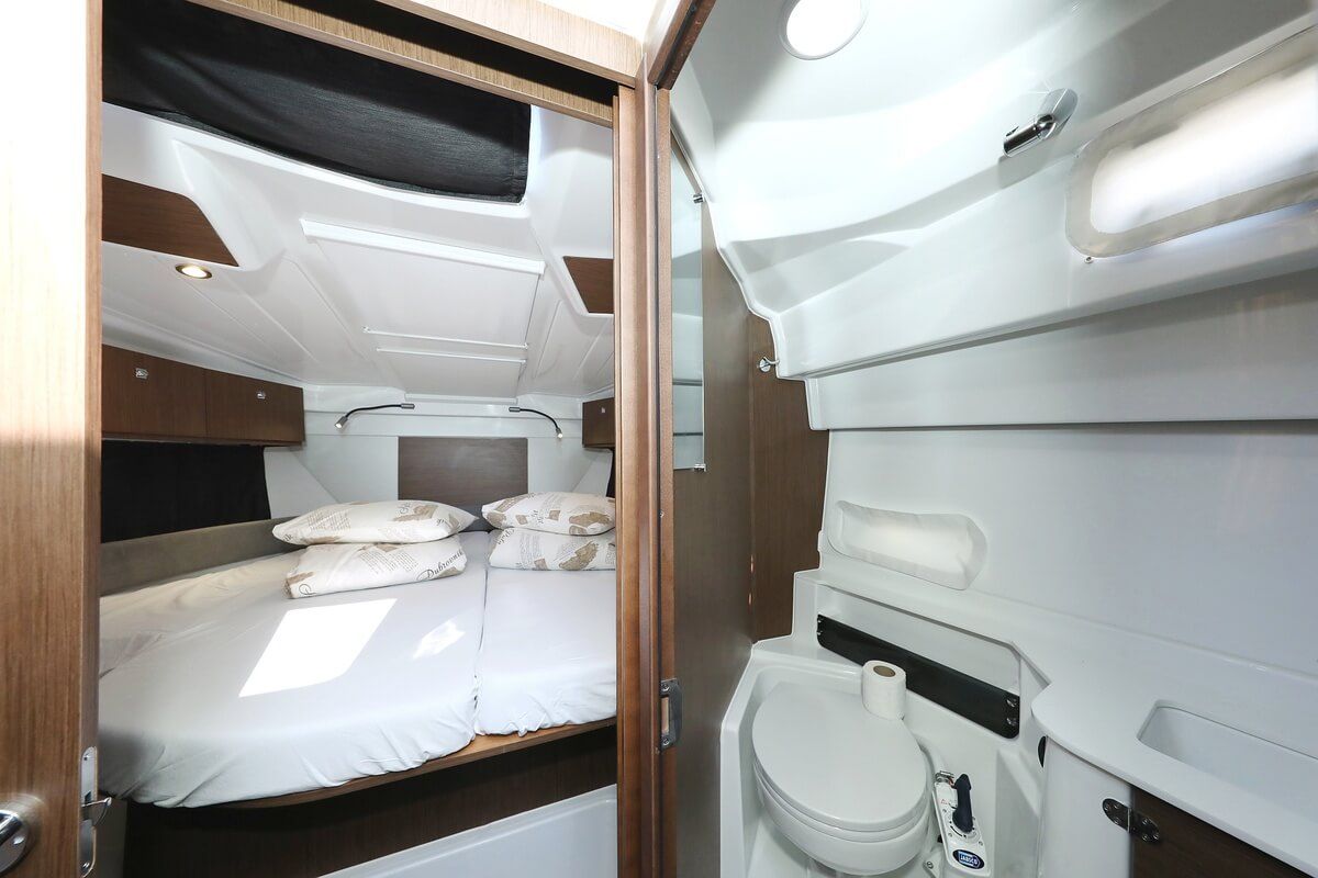 Cabin on Freeya, a Beneteau Antares 9 OB motorboat at Grad Biograd na Moru, Croatia