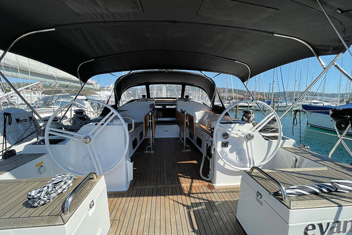 Cockpit of Evana, a Elan Impression 50.1 sailboat at Grad Šibenik, Croatia