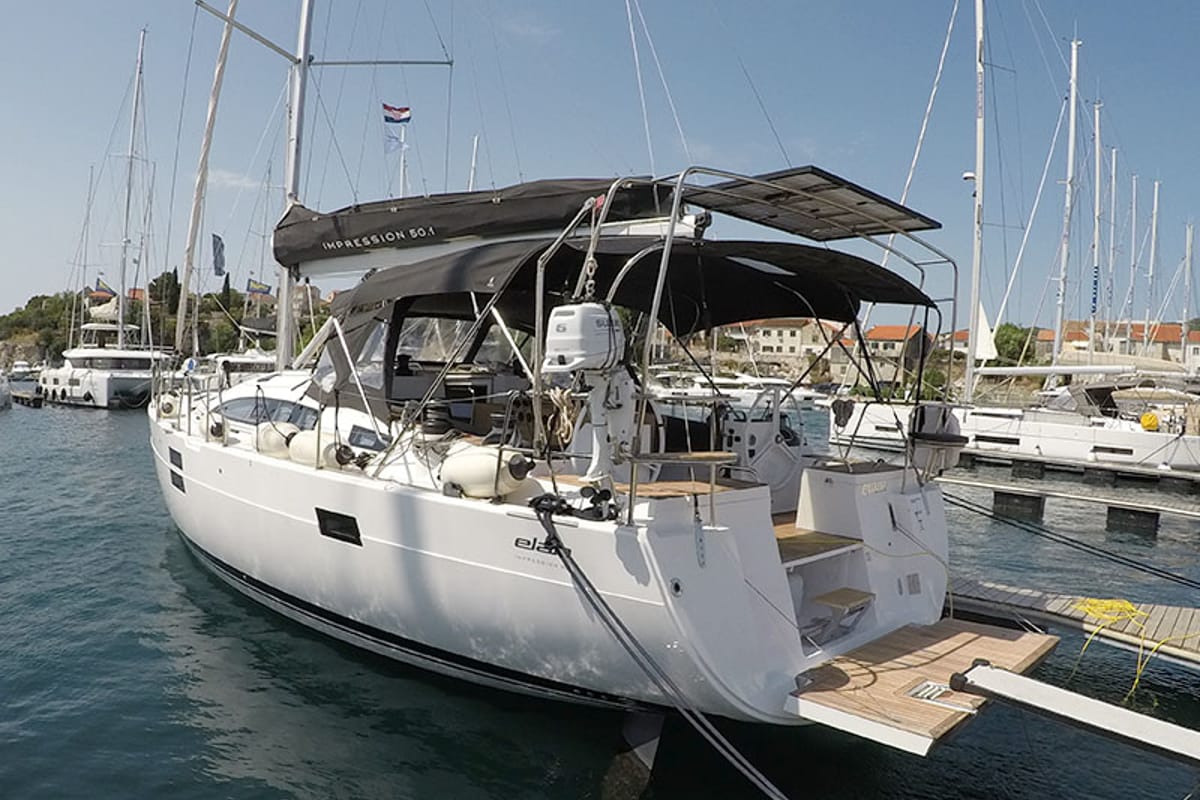 Exterior view of Evana, a Elan Impression 50.1 sailboat at Grad Šibenik, Croatia