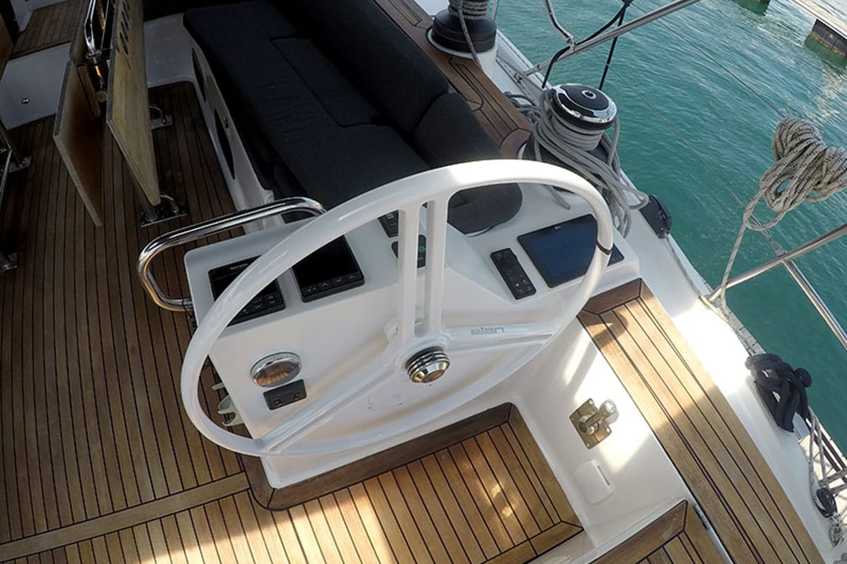 Cockpit of Evana, a Elan Impression 50.1 sailboat at Grad Šibenik, Croatia
