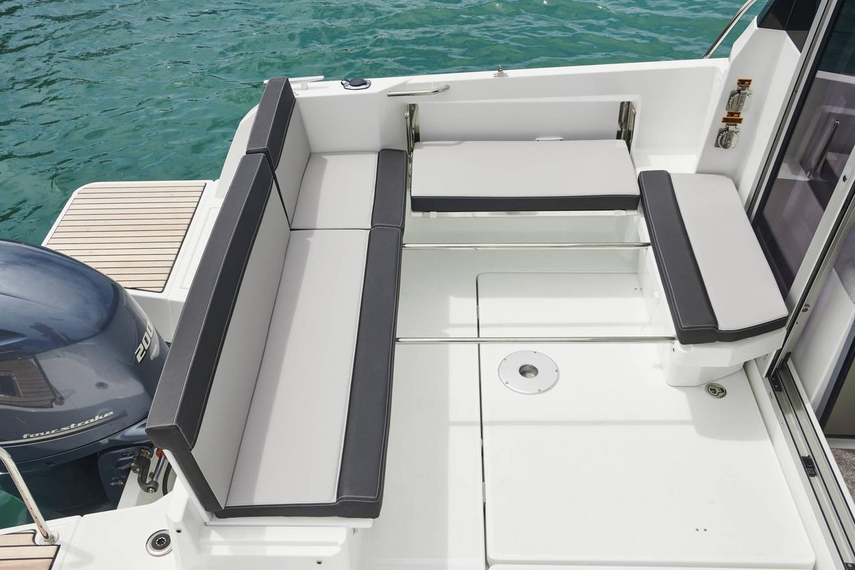Deck of Merry Fisher, a Jeanneau Merry Fisher 795 motorboat at Grad Vodice, Croatia