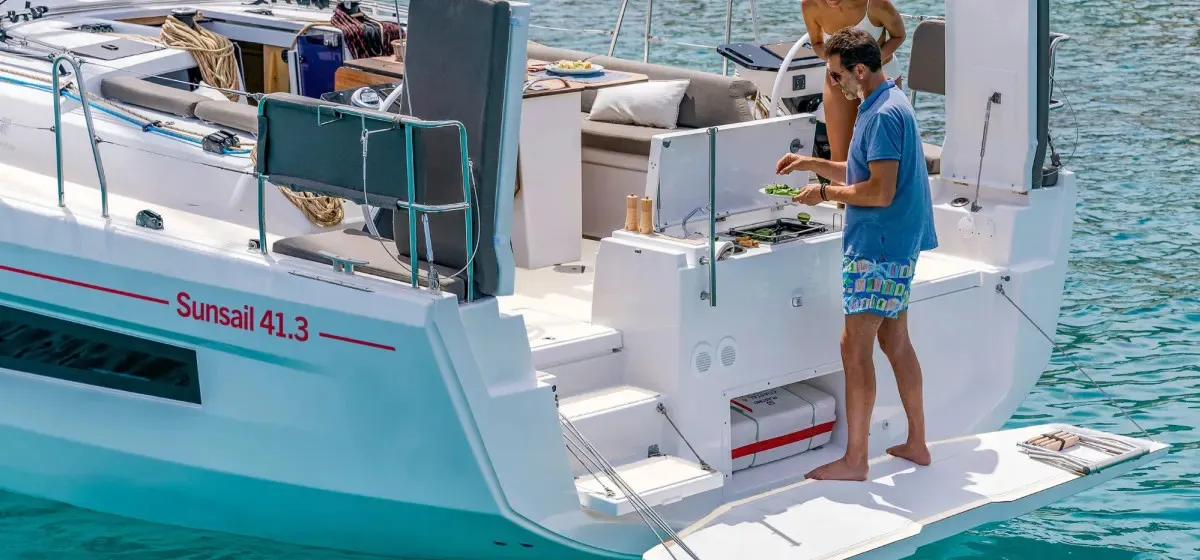 Deck of Sunsail 41.3 Premium, a Dufour 41 sailboat at Road Town, British Virgin Islands