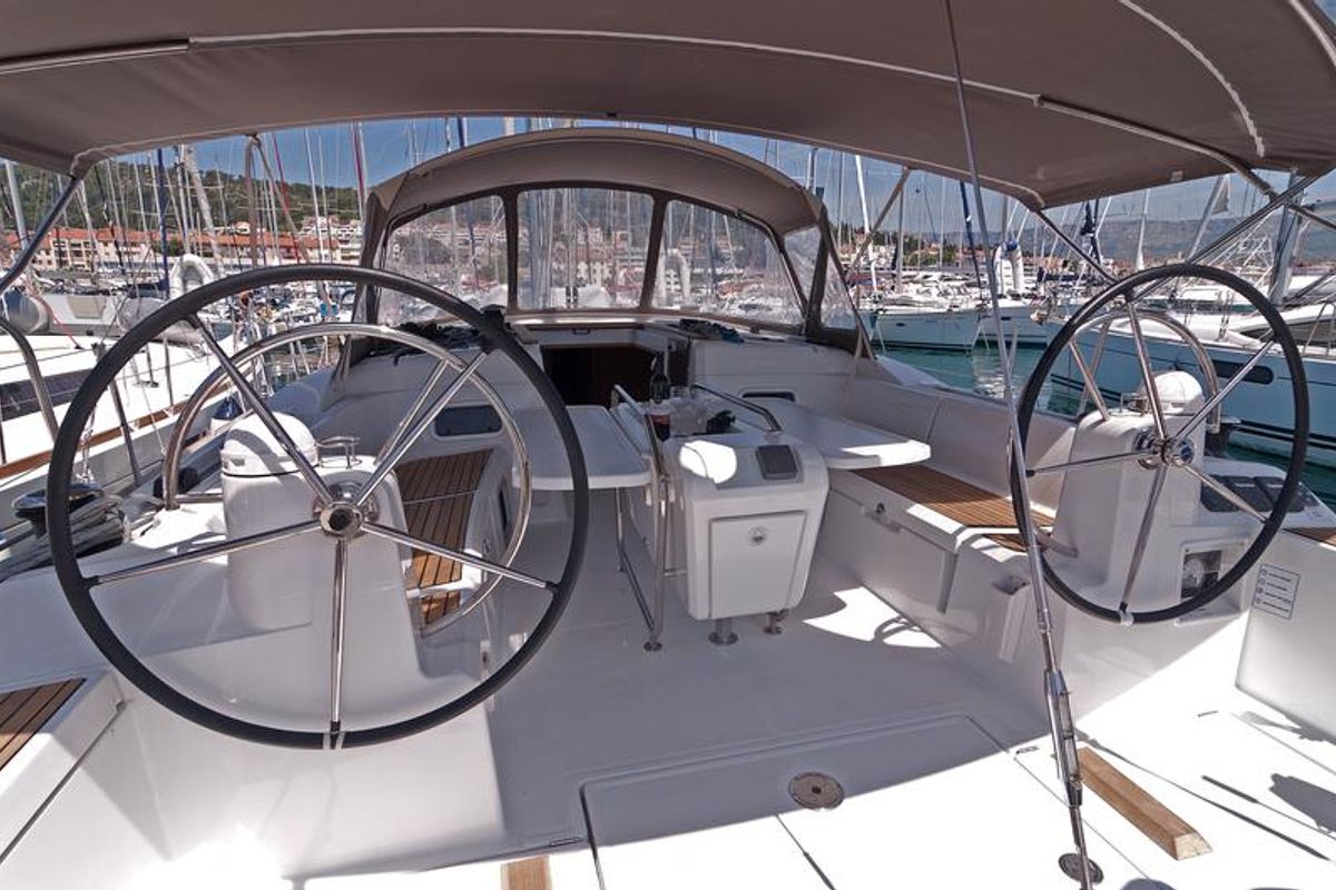 Cockpit of South Kiss, a Jeanneau Sun Odyssey 469 sailboat at Split, Croatia