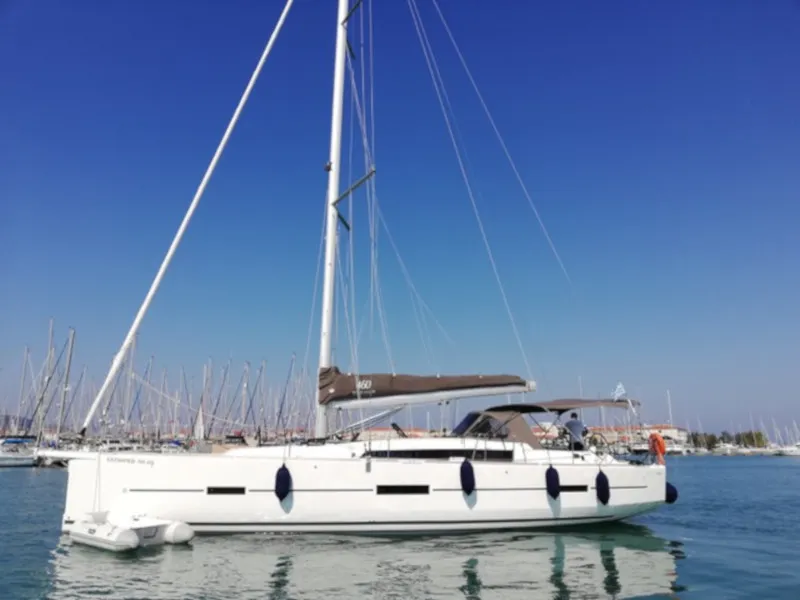 Exterior view of Elizabeth, a Dufour 460 Grand Large sailboat at Municipal Unit of Palairos, Greece
