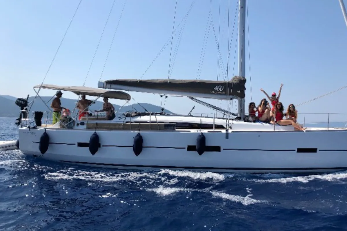 Exterior view of Elizabeth, a Dufour 460 Grand Large sailboat at Municipal Unit of Palairos, Greece