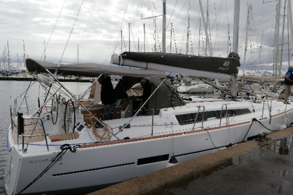 Exterior view of Elizabeth, a Dufour 460 Grand Large sailboat at Municipal Unit of Palairos, Greece
