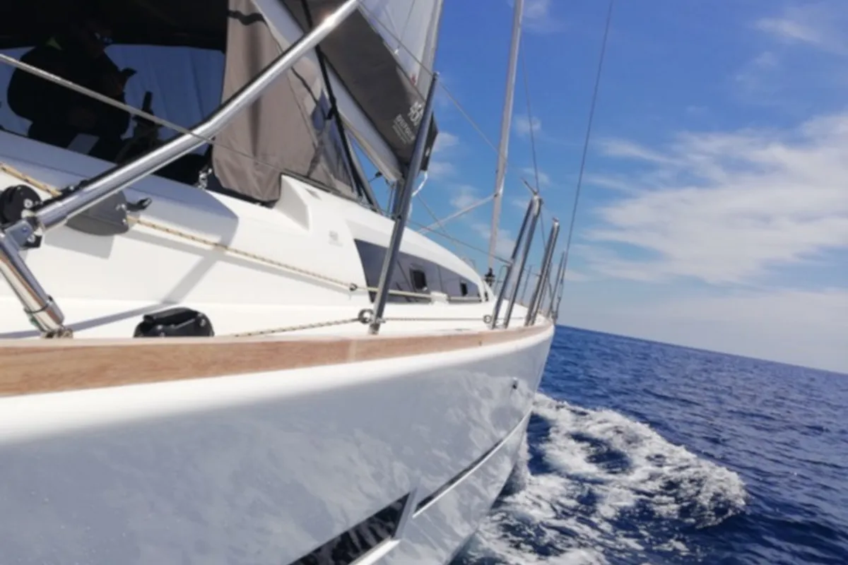 Exterior view of Elizabeth, a Dufour 460 Grand Large sailboat at Municipal Unit of Palairos, Greece