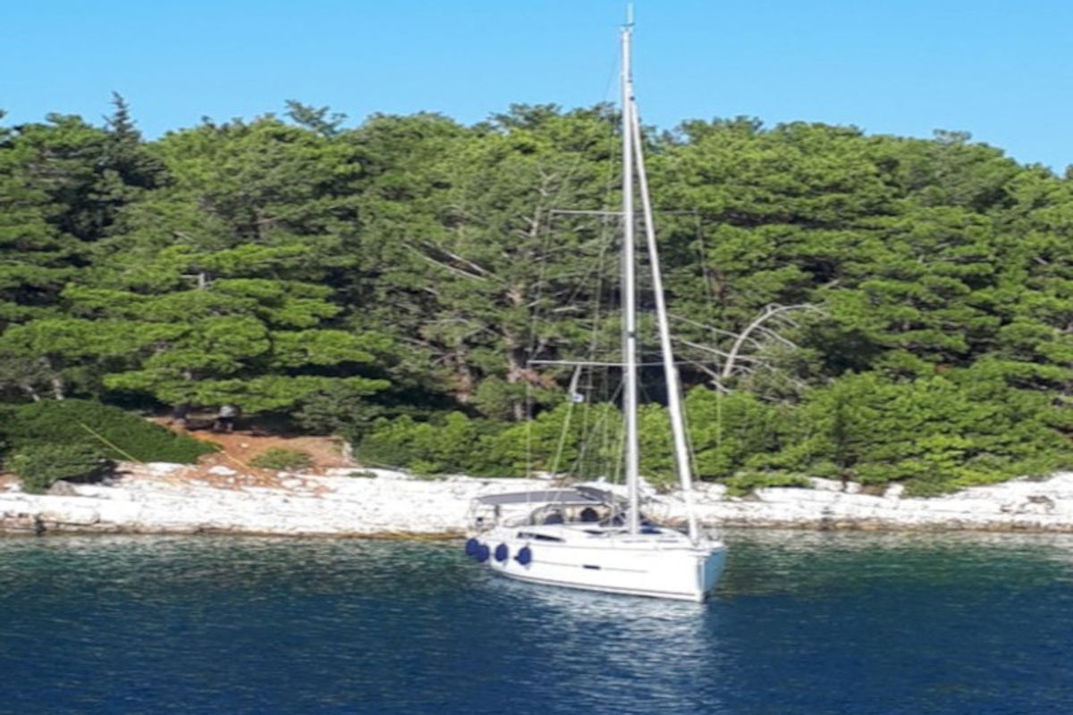 Exterior view of Elizabeth, a Dufour 460 Grand Large sailboat at Municipal Unit of Palairos, Greece