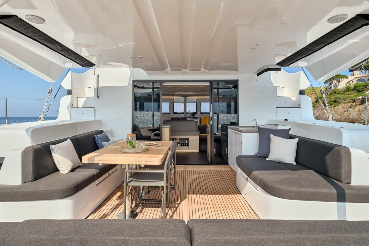 Deck of Mythos, a Lagoon 51 catamaran at Lavreotiki Municipal Unit, Greece